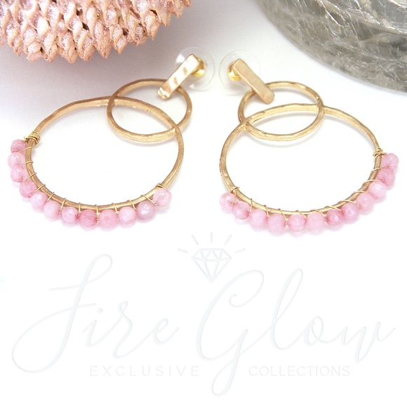 Rose Quartz Bead Gold Tone Tiered Hoop Earrings - Picture 1 of 10